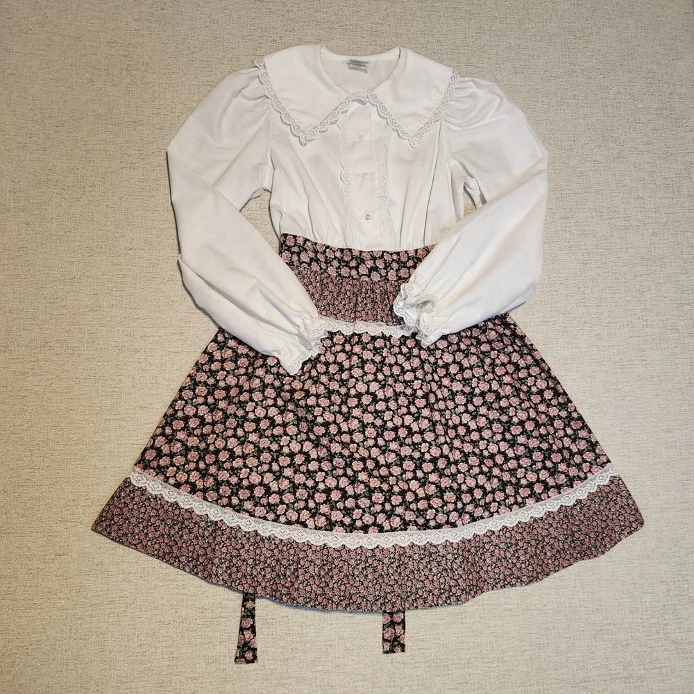 Cinderella Floral Prairie Dress Kids 10 White Pink Lace Trim Puff Sleeve Vintage
